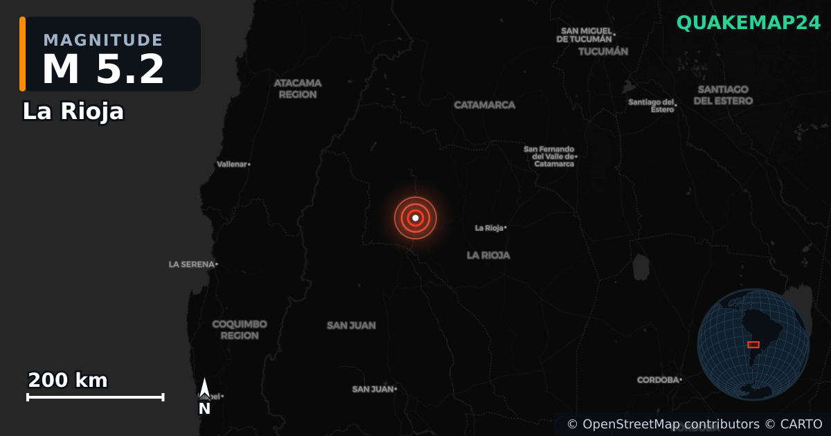 M5.2 earthquake near La Rioja on Jun 24, 2025 — map of epicenter and shaking intensity | QuakeMap24