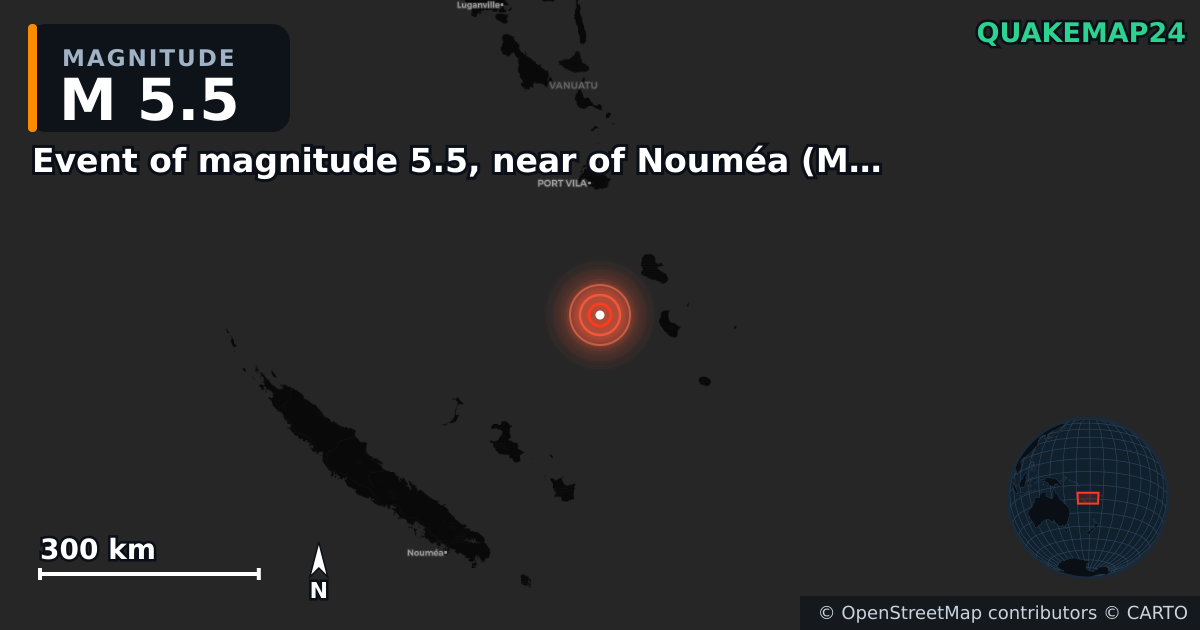 M5.5 earthquake near Event of magnitude 5.5, near of Nouméa (Monde) on Mar 20, 2026 — map of epicenter and shaking intensity | QuakeMap24