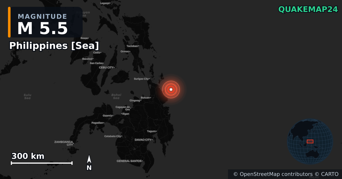 M5.5 earthquake near Philippines [Sea] on May 24, 2026 — map of epicenter and shaking intensity | QuakeMap24