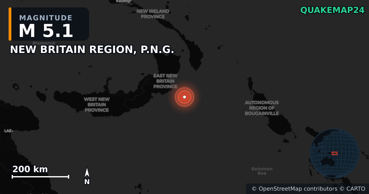 M5.1 earthquake near NEW BRITAIN REGION, P.N.G. on Aug 28, 2025 — map of epicenter and shaking intensity | QuakeMap24