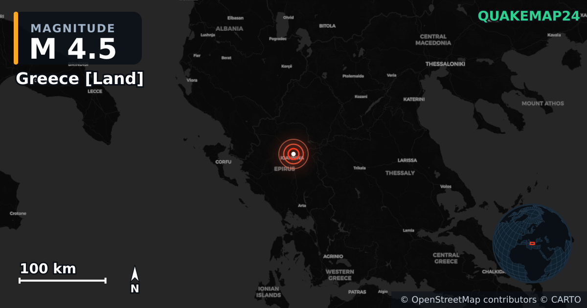M4.5 earthquake near Greece [Land] on Apr 6, 2026 — map of epicenter and shaking intensity | QuakeMap24