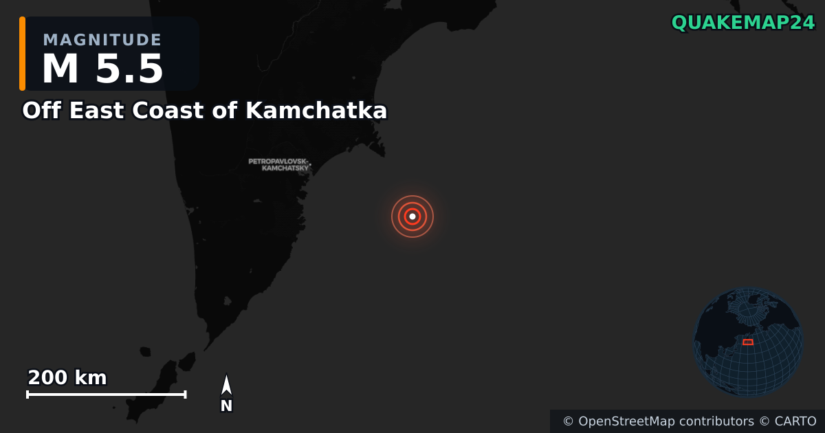 M5.5 earthquake near Off East Coast of Kamchatka on Sep 4, 2025 — map of epicenter and shaking intensity | QuakeMap24