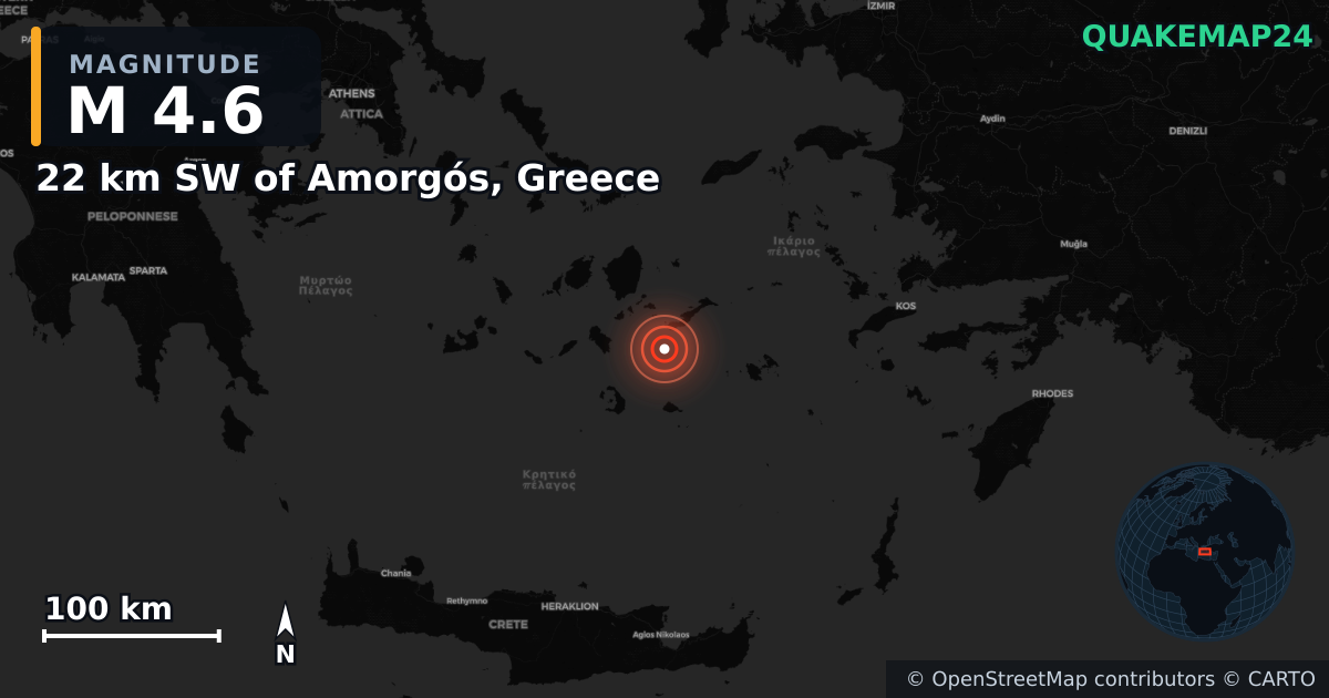 M4.6 earthquake near 22 km SW of Amorgós, Greece on Feb 18, 2025 — map of epicenter and shaking intensity | QuakeMap24