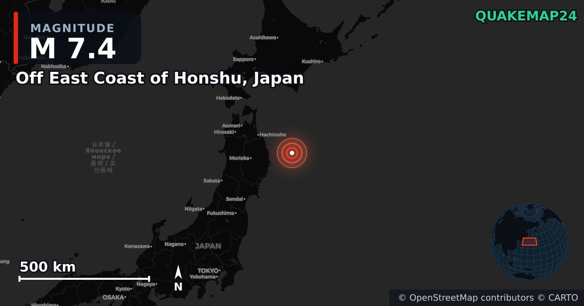 M7.4 earthquake near Off East Coast of Honshu, Japan on Apr 20, 2026 — map of epicenter and shaking intensity | QuakeMap24