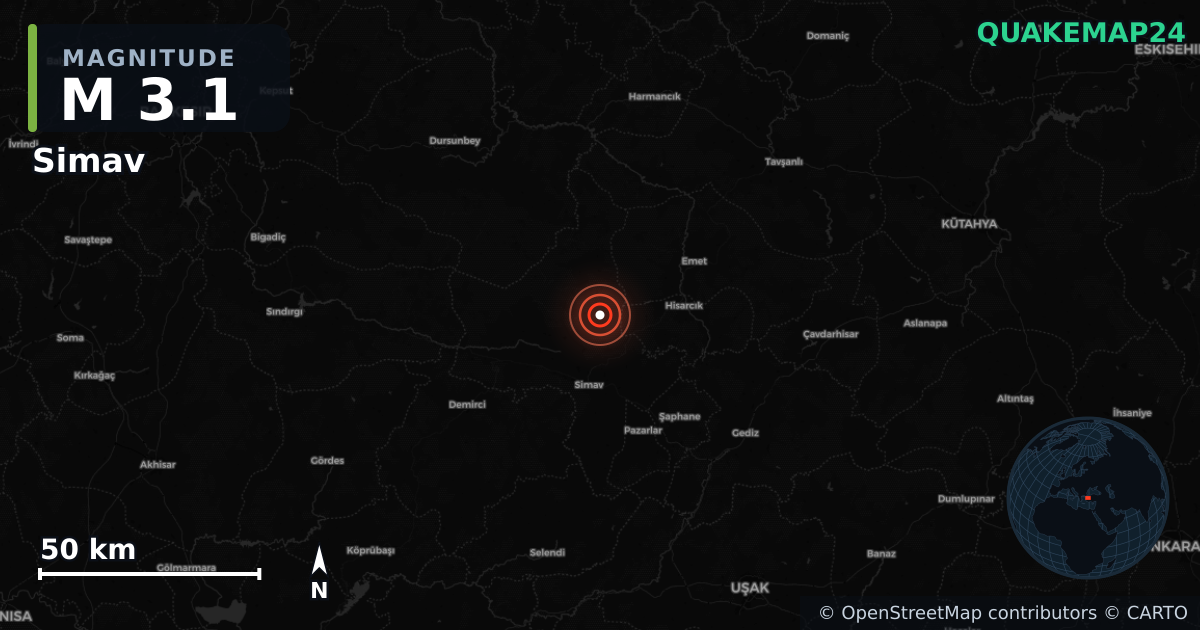 M3.1 earthquake near Simav on Sep 28, 2025 — map of epicenter and shaking intensity | QuakeMap24