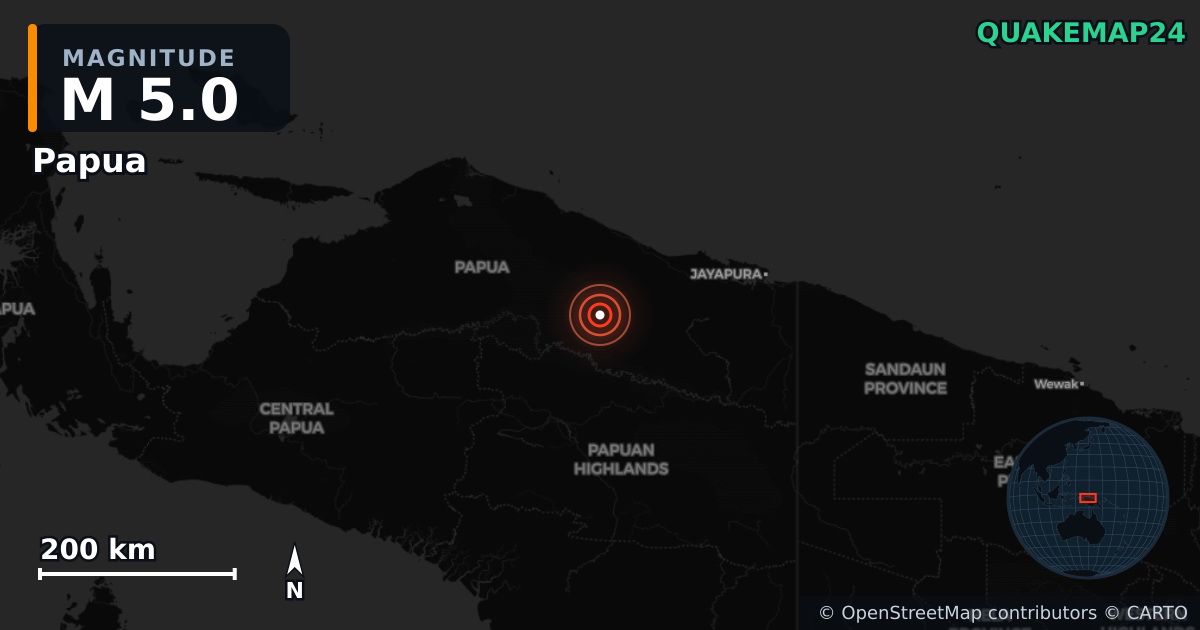 M5.0 earthquake near Papua on Oct 30, 2025 — map of epicenter and shaking intensity | QuakeMap24