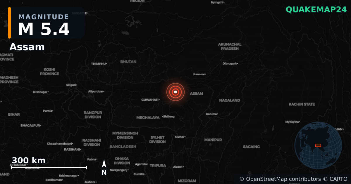 M5.4 earthquake near Assam on Jan 4, 2026 — map of epicenter and shaking intensity | QuakeMap24