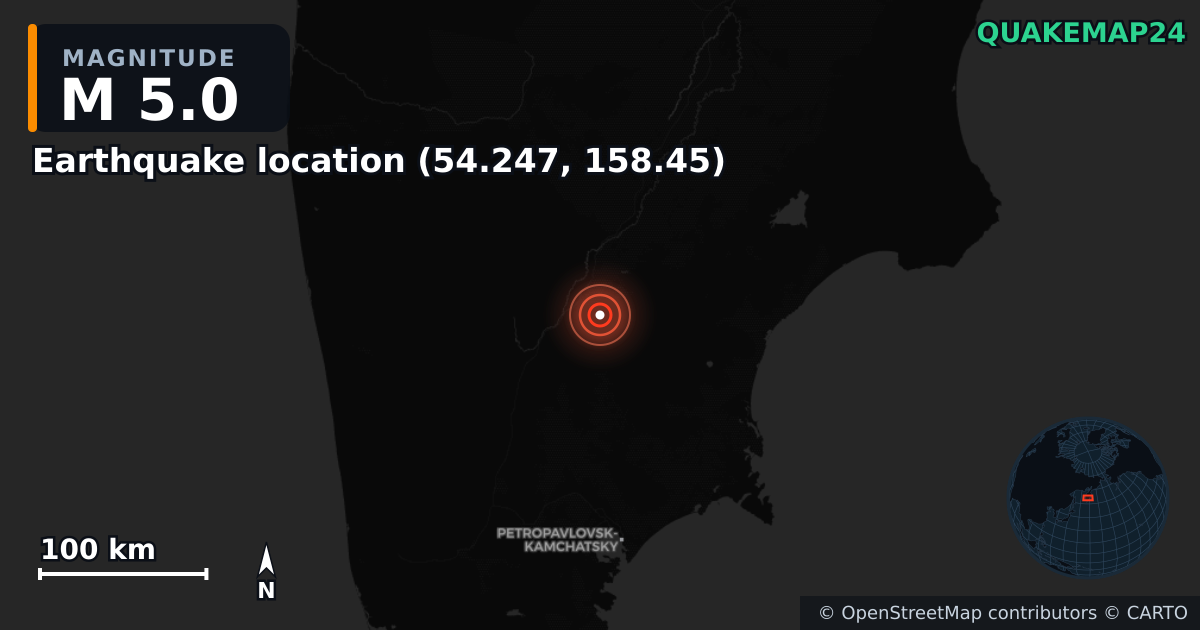 M5.0 earthquake near Deprem konumu (54.247, 158.45) on Sep 22, 2025 — map of epicenter and shaking intensity | QuakeMap24