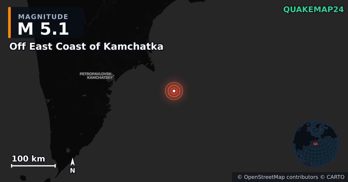 Off East Coast of Kamchatka yakınında M5,1 deprem — Deprem merkez üssünün konumunu gösteren harita