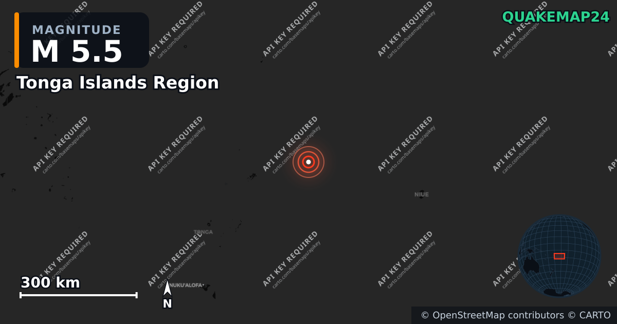 M5.5 earthquake near Tonga Islands Region on Aug 14, 2025 — map of epicenter and shaking intensity | QuakeMap24