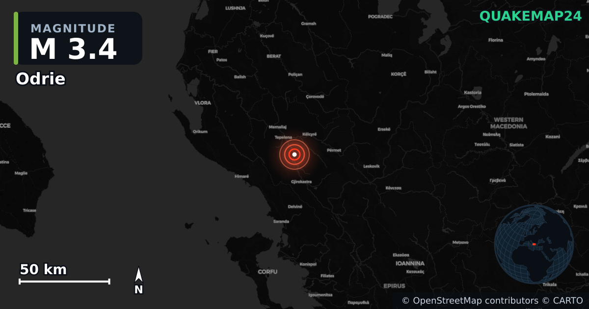 M3.4 earthquake near Odrie on Dec 3, 2025 — map of epicenter and shaking intensity | QuakeMap24