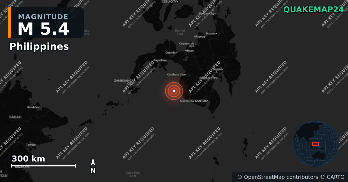 M5.4 earthquake near Philippines on Jan 28, 2026 — map of epicenter and shaking intensity | QuakeMap24