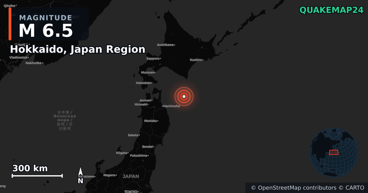 M6.5 earthquake near Hokkaido, Japan Region on Dec 8, 2025 — map of epicenter and shaking intensity | QuakeMap24