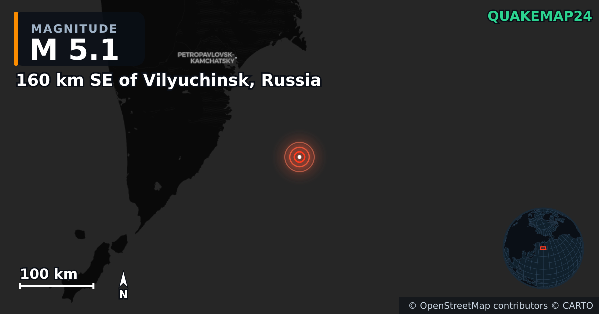 M5.1 earthquake near 160 km SE of Vilyuchinsk, Russia on Aug 3, 2025 — map of epicenter and shaking intensity | QuakeMap24