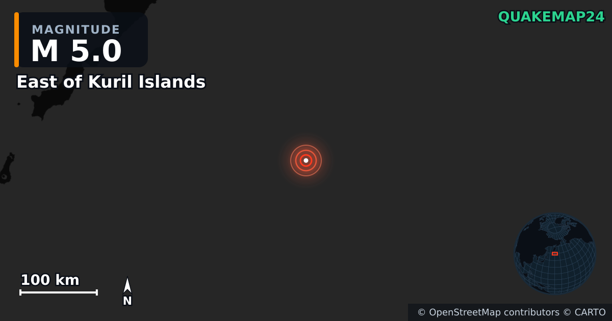 East of Kuril Islands yakınında M5,0 deprem — Deprem merkez üssünün konumunu gösteren harita
