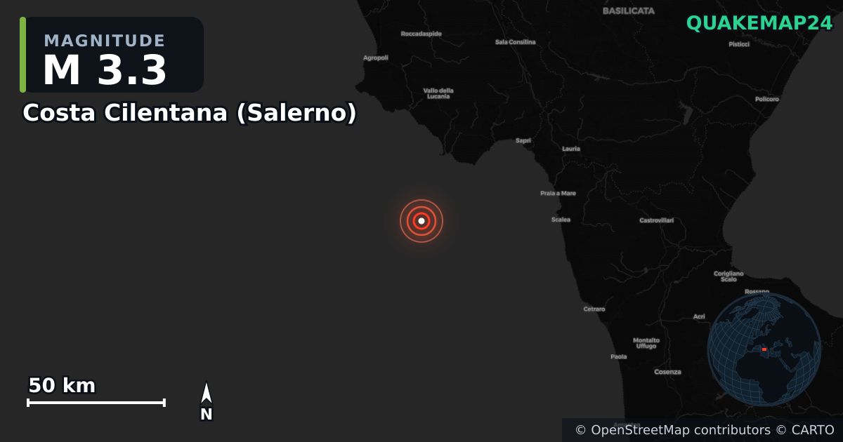 M3.3 earthquake near Costa Cilentana (Salerno) on Mar 16, 2026 — map of epicenter and shaking intensity | QuakeMap24