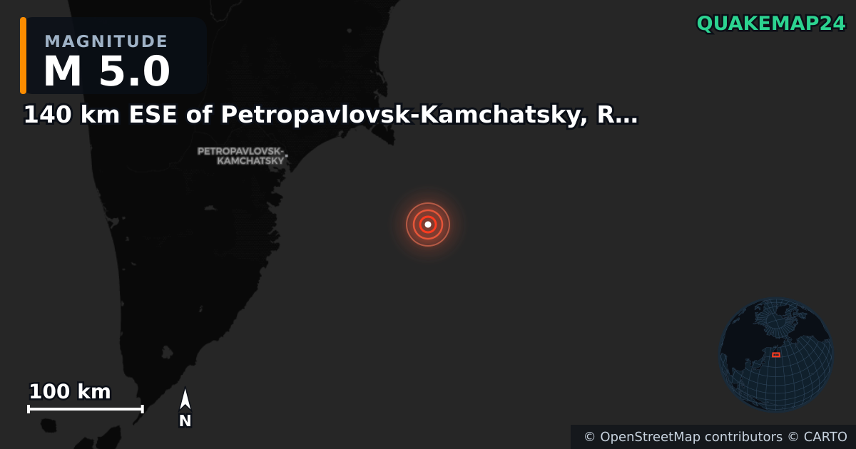 140 km ESE of Petropavlovsk-Kamchatsky, Russia yakınında M5,0 deprem — Deprem merkez üssünün konumunu gösteren harita
