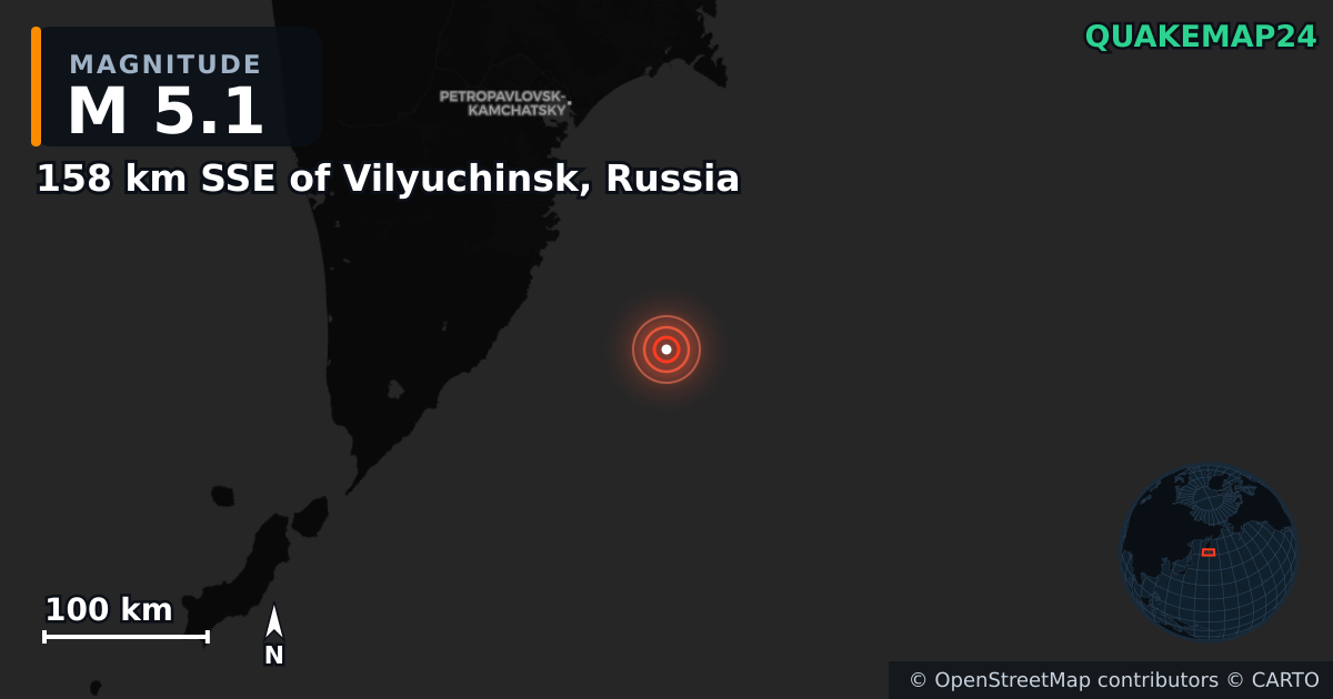 M5.1 earthquake near 158 km SSE of Vilyuchinsk, Russia on Jan 4, 2026 — map of epicenter and shaking intensity | QuakeMap24