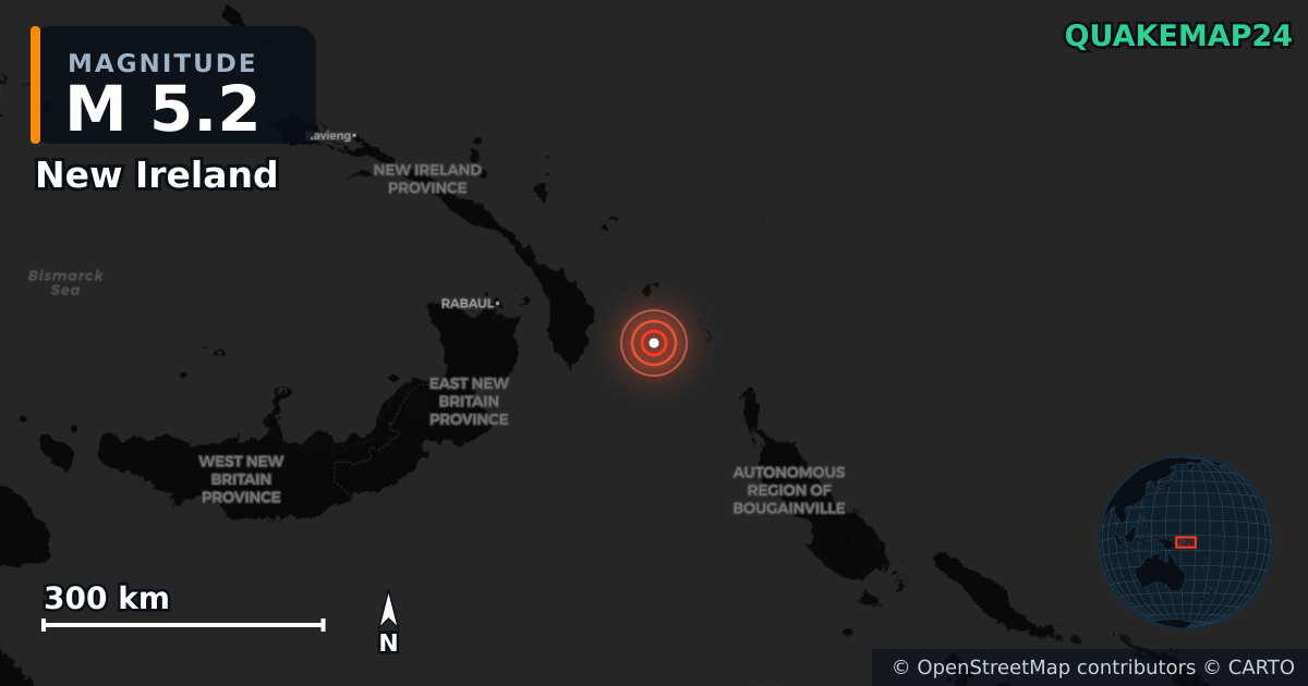 M5.2 earthquake near New Ireland on Apr 4, 2026 — map of epicenter and shaking intensity | QuakeMap24