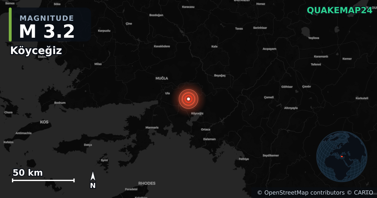 M3.2 earthquake near Köyceğiz on Feb 15, 2026 — map of epicenter and shaking intensity | QuakeMap24