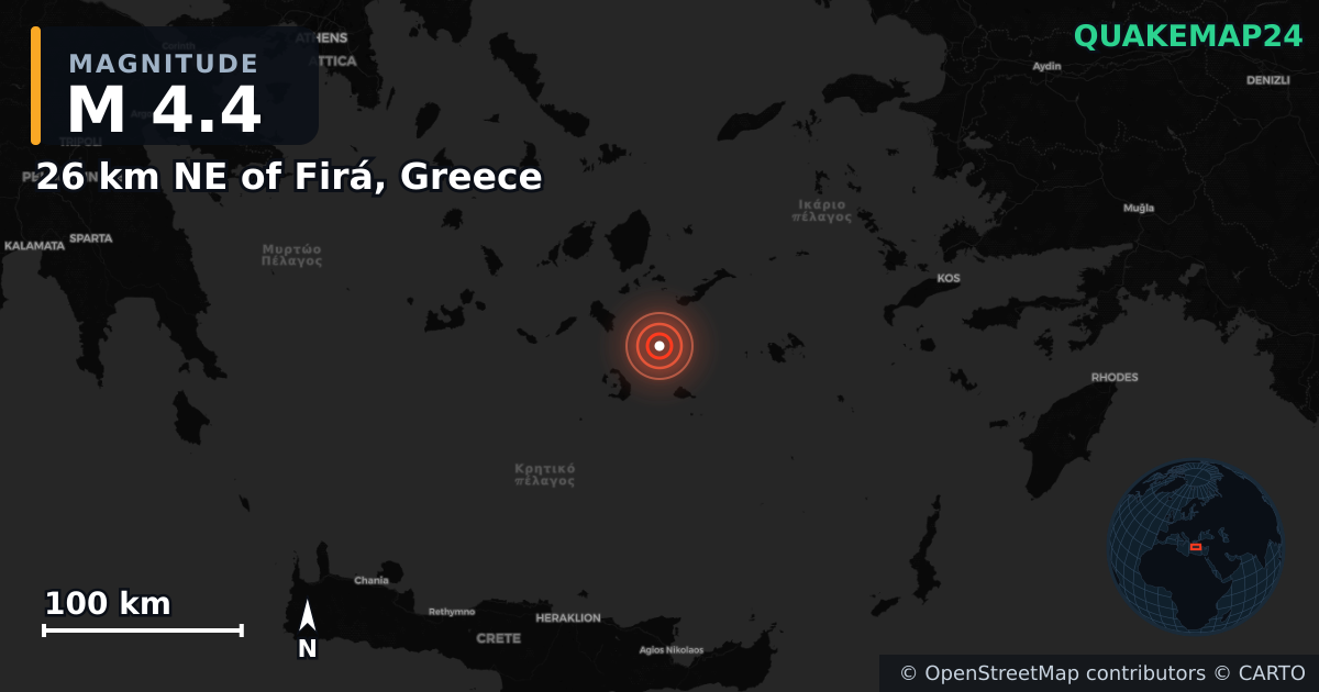M4.4 earthquake near 26 km NE of Firá, Greece on Feb 6, 2025 — map of epicenter and shaking intensity | QuakeMap24