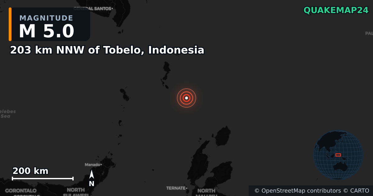 M5.0 earthquake near 203 km NNW of Tobelo, Indonesia on Apr 9, 2025 — map of epicenter and shaking intensity | QuakeMap24