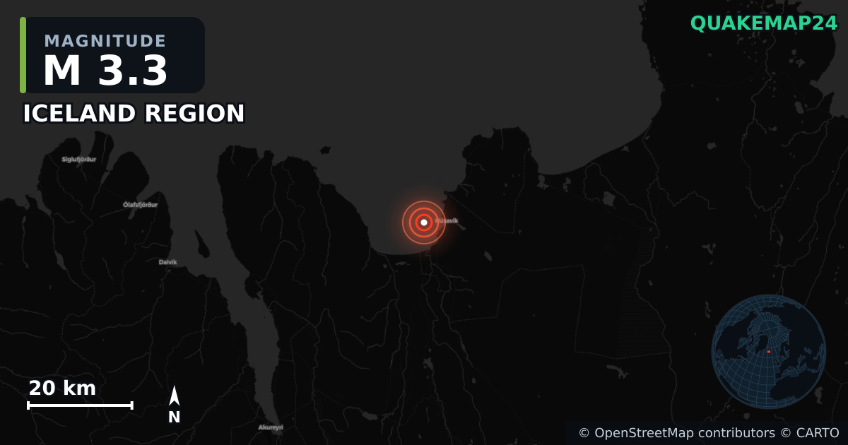 M3.3 earthquake near ICELAND REGION on Aug 25, 2025 — map of epicenter and shaking intensity | QuakeMap24