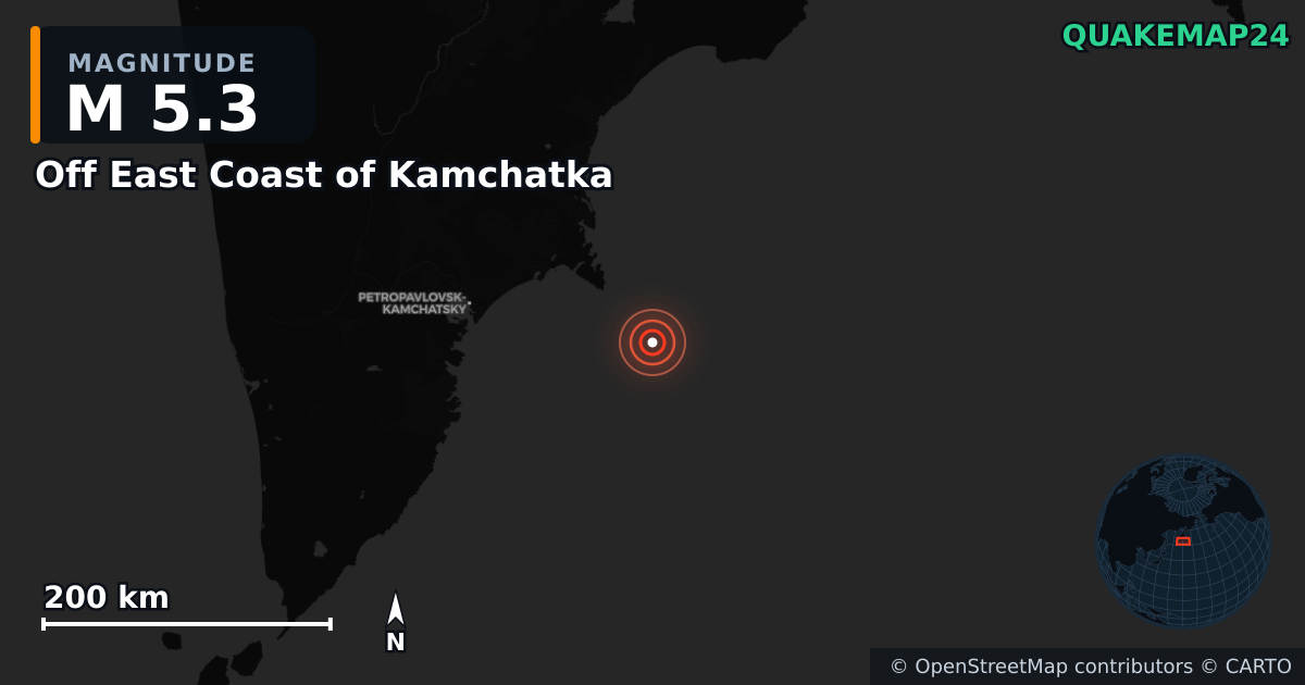 M5.3 earthquake near Off East Coast of Kamchatka on Dec 6, 2025 — map of epicenter and shaking intensity | QuakeMap24