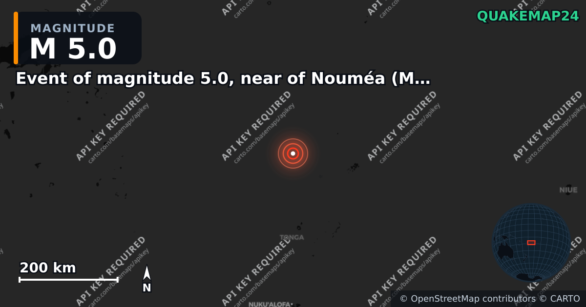 M5.0 earthquake near Event of magnitude 5.0, near of Nouméa (Monde) on Apr 13, 2026 — map of epicenter and shaking intensity | QuakeMap24