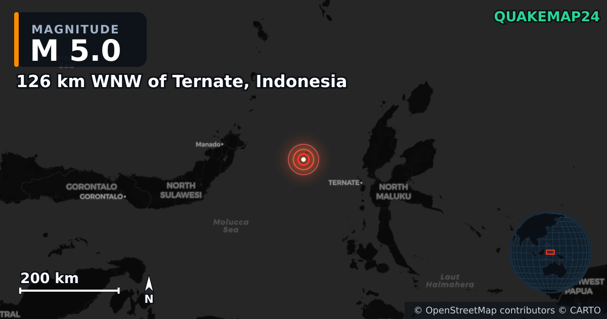 Erdbeben M5,0 bei 126 km WNW of Ternate, Indonesia — Karte der Lage des Epizentrums