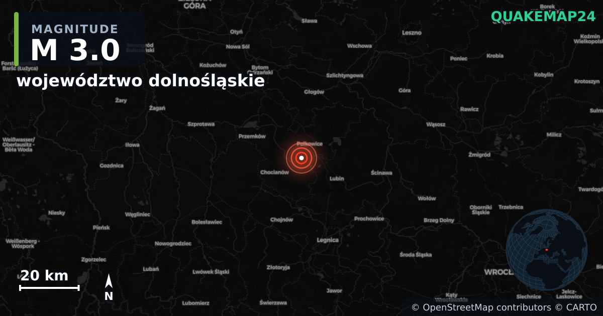 M3.0 earthquake near województwo dolnośląskie on Oct 20, 2025 — map of epicenter and shaking intensity | QuakeMap24