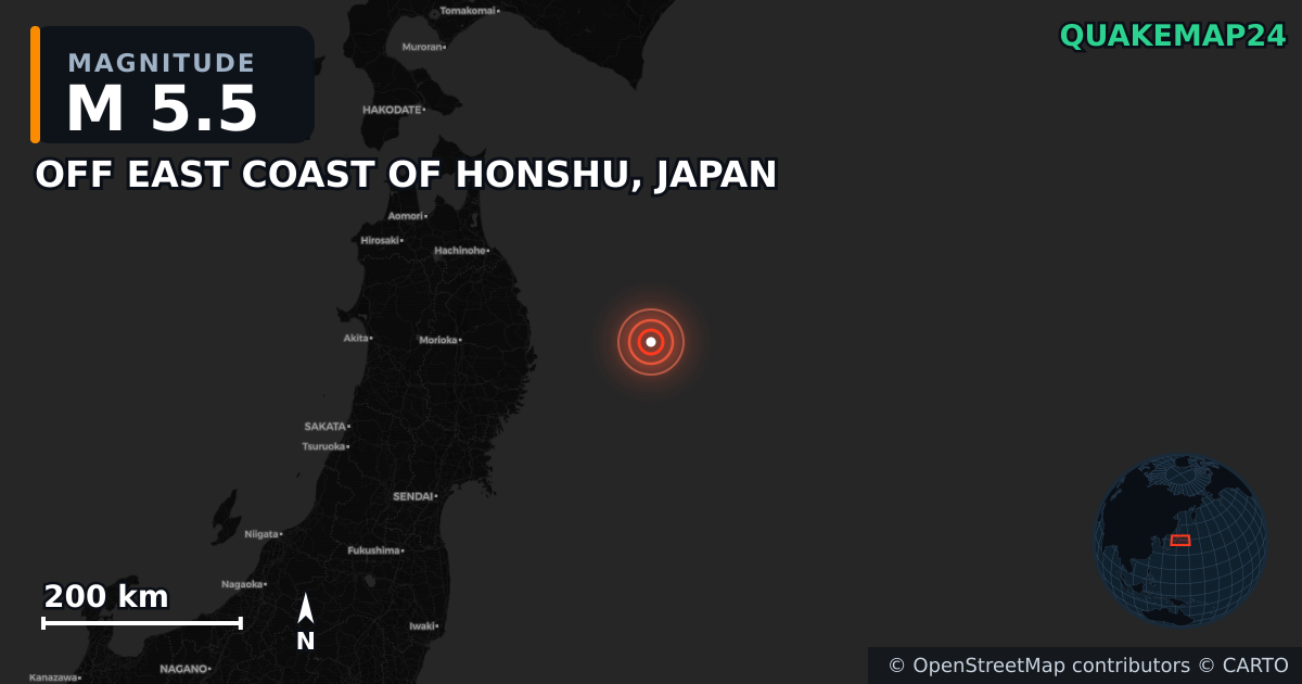 M5.5 earthquake near OFF EAST COAST OF HONSHU, JAPAN on Nov 21, 2025 — map of epicenter and shaking intensity | QuakeMap24