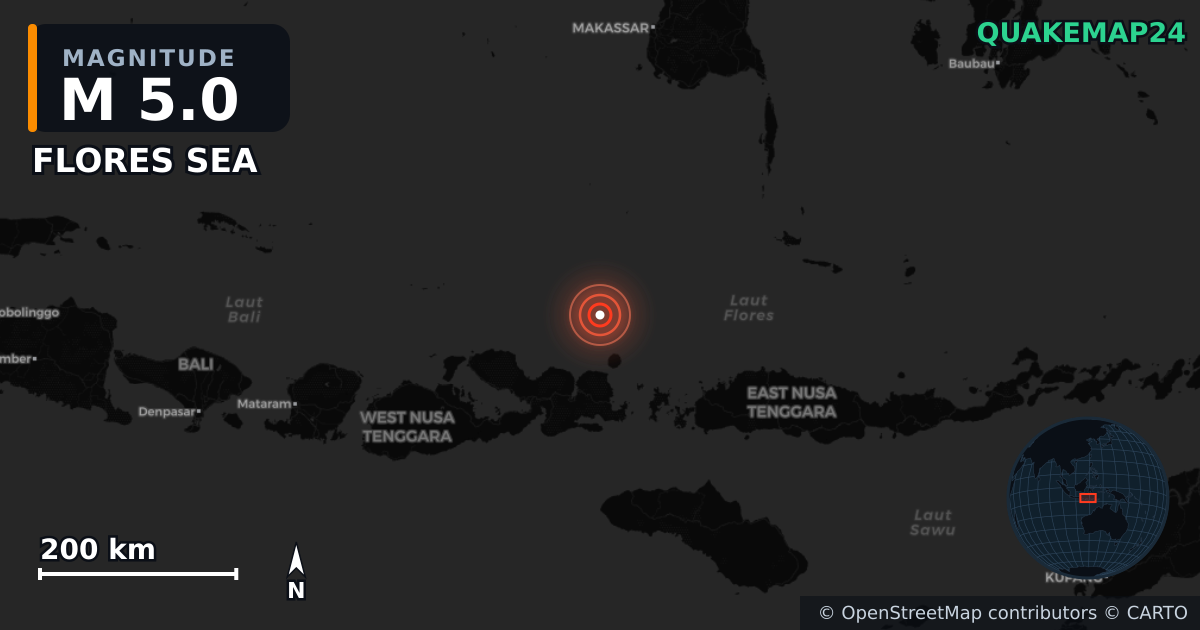 M5.0 earthquake near FLORES SEA on Jul 22, 2025 — map of epicenter and shaking intensity | QuakeMap24