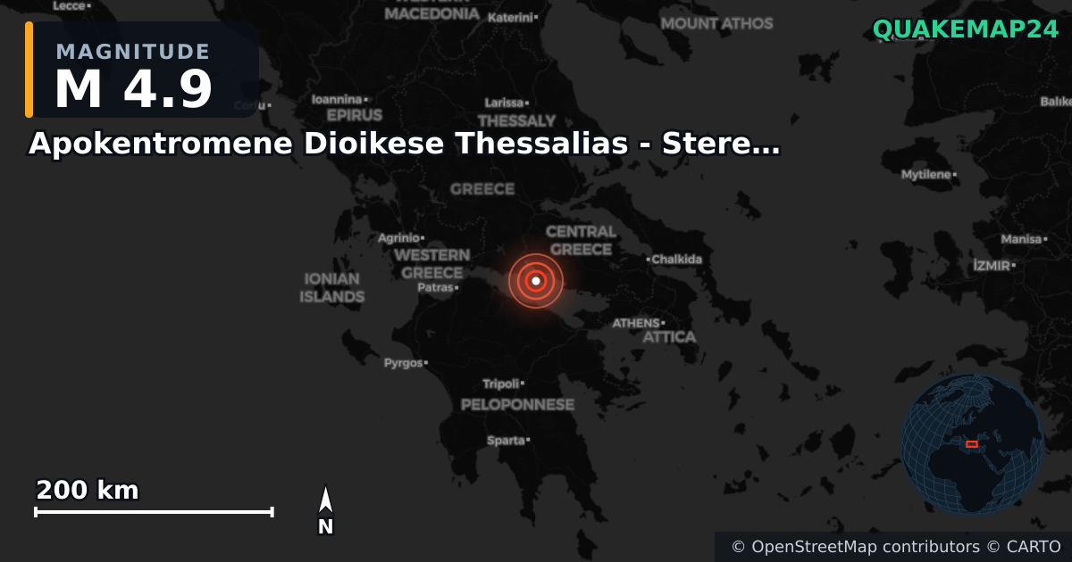 M4.9 earthquake near Apokentromene Dioikese Thessalias - Stereas Ellados on May 27, 2025 — map of epicenter and shaking intensity | QuakeMap24