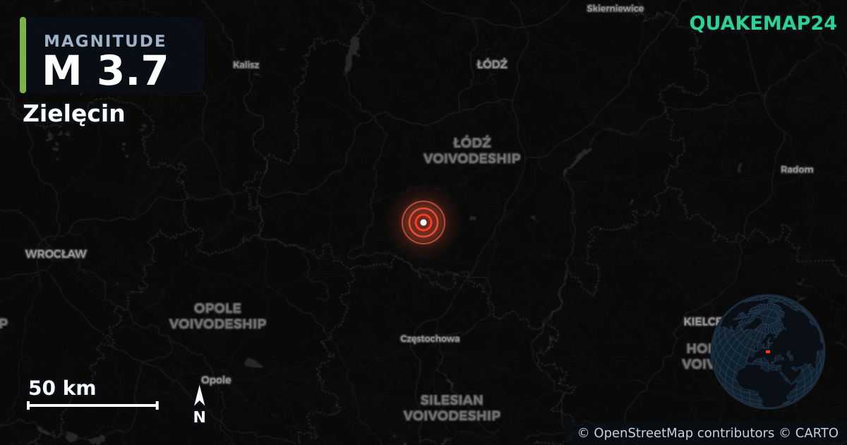 Sismo de M3,7 perto de Zielęcin, Łódź Voivodeship (Polônia) · 2026-09-12 — Mapa da localização do epicentro