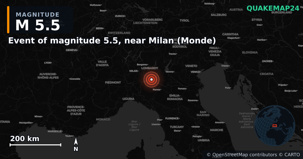 Erdbeben M5,5 bei Event of magnitude 5.5, near Milan (Monde) — Karte der Lage des Epizentrums