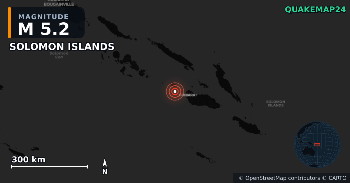M5.2 earthquake near SOLOMON ISLANDS on May 11, 2026 — map of epicenter and shaking intensity | QuakeMap24
