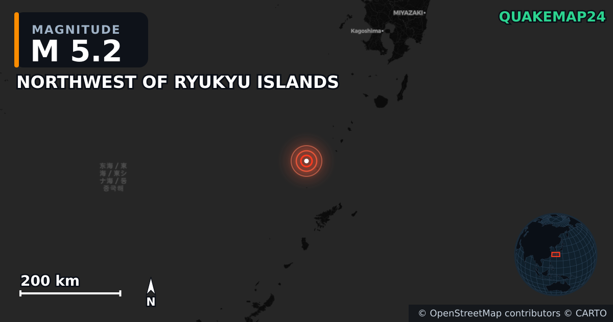 M5.2 earthquake near NORTHWEST OF RYUKYU ISLANDS on Jul 2, 2025 — map of epicenter and shaking intensity | QuakeMap24