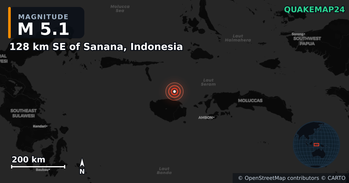 M5.1 earthquake near 128 km SE of Sanana, Indonesia on Jan 30, 2025 — map of epicenter and shaking intensity | QuakeMap24