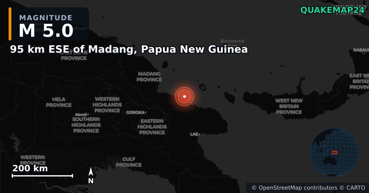 M5.0 earthquake near 95 km ESE of Madang, Papua New Guinea on Apr 11, 2025 — map of epicenter and shaking intensity | QuakeMap24