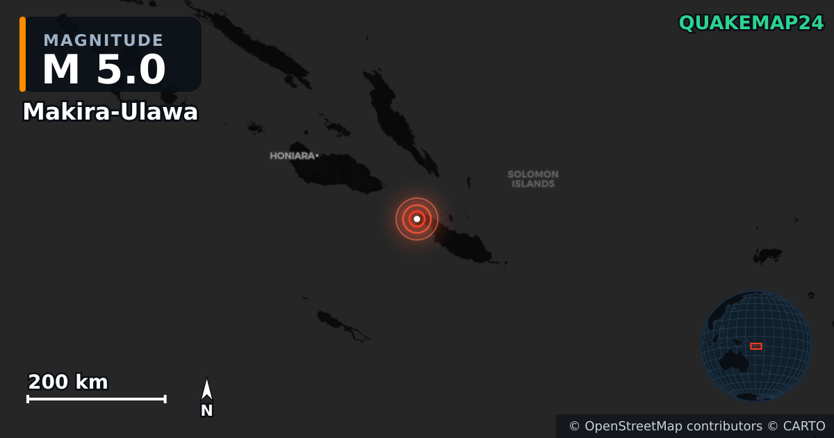 M5.0 earthquake near Makira-Ulawa on Oct 13, 2025 — map of epicenter and shaking intensity | QuakeMap24
