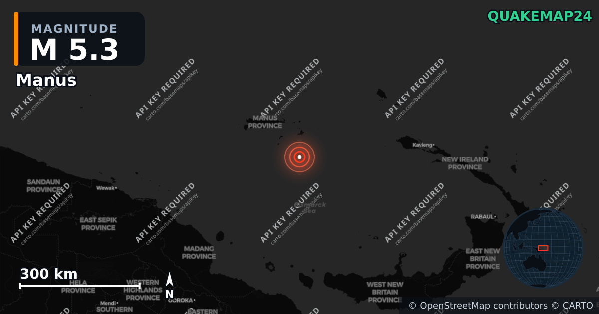 M5.3 earthquake near Manus on May 17, 2026 — map of epicenter and shaking intensity | QuakeMap24