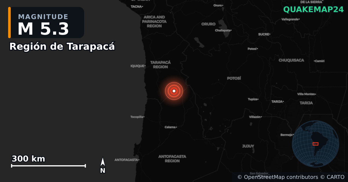 M5.3 earthquake near Región de Tarapacá on Dec 13, 2025 — map of epicenter and shaking intensity | QuakeMap24