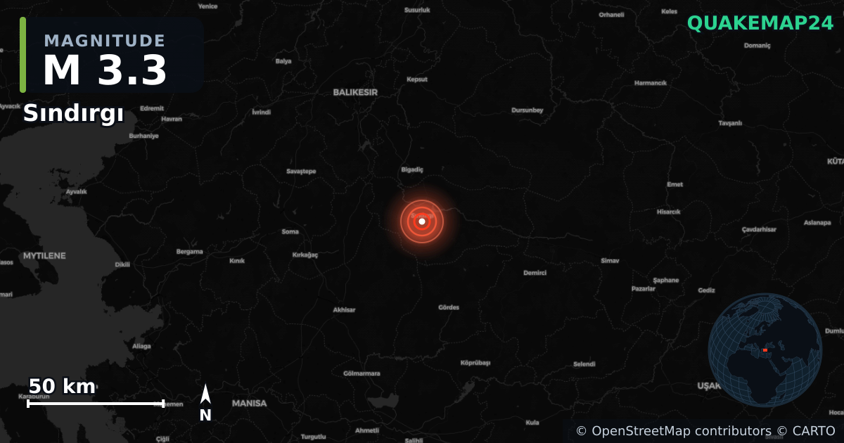 M3.3 earthquake near Sındırgı on Jan 30, 2026 — map of epicenter and shaking intensity | QuakeMap24