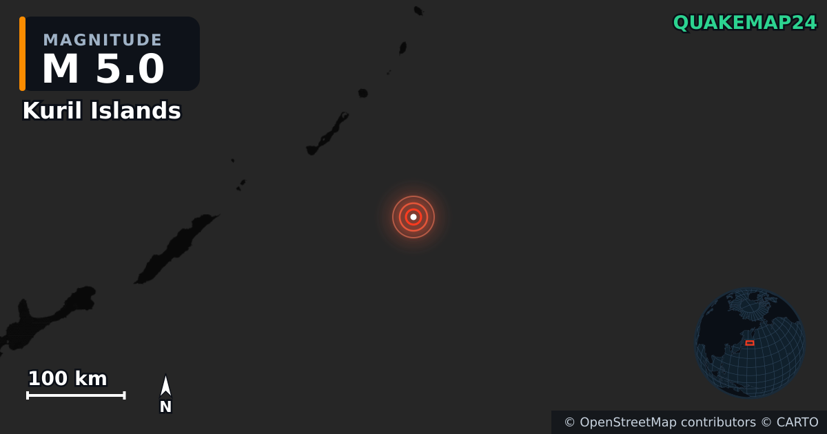 M5.0 earthquake near Kuril Islands on Oct 20, 2025 — map of epicenter and shaking intensity | QuakeMap24
