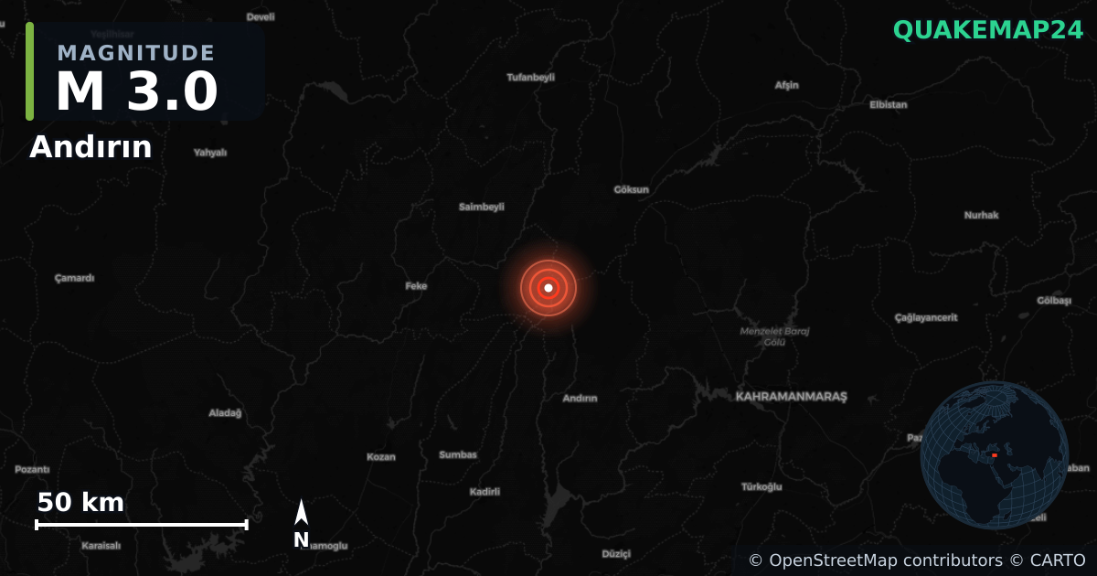 M3.0 earthquake near Andırın on Nov 12, 2025 — map of epicenter and shaking intensity | QuakeMap24