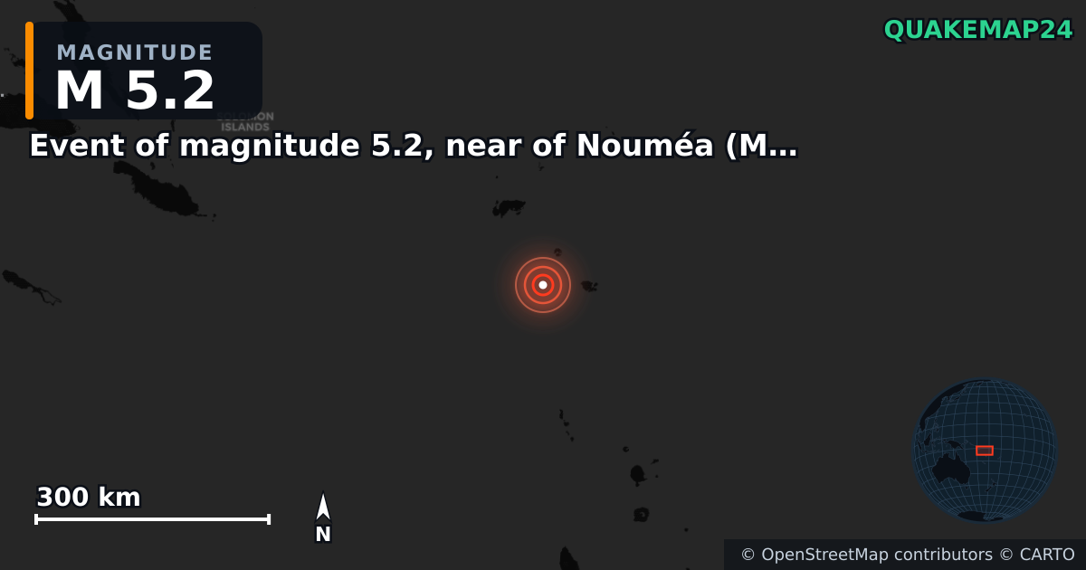 M5.2 earthquake near Event of magnitude 5.2, near of Nouméa (Monde) on Feb 16, 2026 — map of epicenter and shaking intensity | QuakeMap24