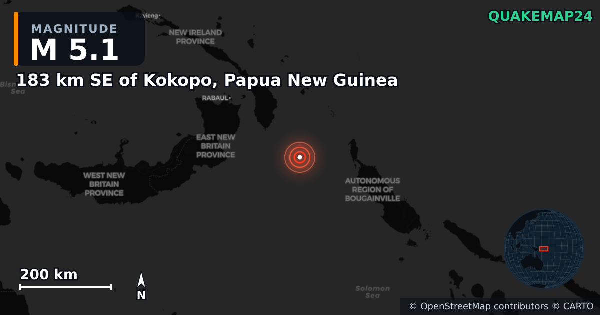 M5.1 earthquake near 183 km SE of Kokopo, Papua New Guinea on Aug 20, 2026 — map of epicenter and shaking intensity | QuakeMap24