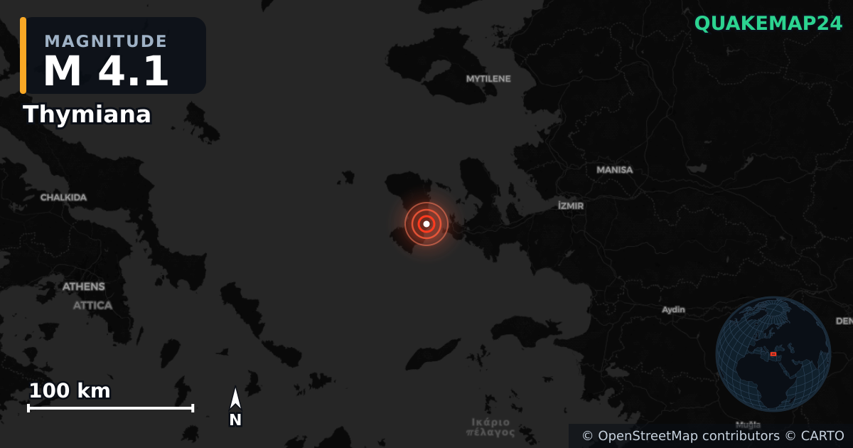 M4.1 earthquake near Thymiana on Oct 28, 2025 — map of epicenter and shaking intensity | QuakeMap24