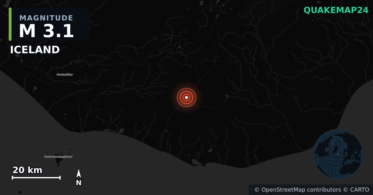 M3.1 earthquake near ICELAND on Oct 3, 2025 — map of epicenter and shaking intensity | QuakeMap24